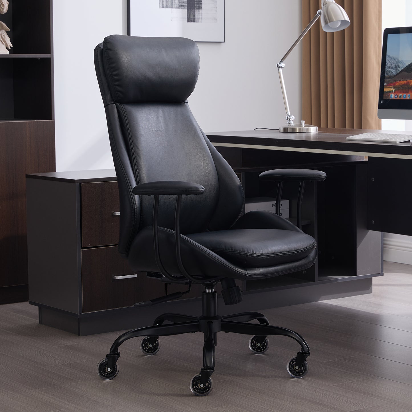 E-Motie Home Office Desk Chair, Ergonomic Computer Chair with Lumbar Support and Head Support, High Back Office Chair with Armrests, Adjustable Height, Rubber Casters, PU Leather