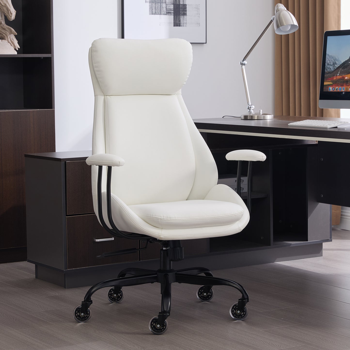 E-Motie Home Office Desk Chair, Ergonomic Computer Chair with Lumbar Support and Head Support, High Back Office Chair with Armrests, Adjustable Height, Rubber Casters, PU Leather