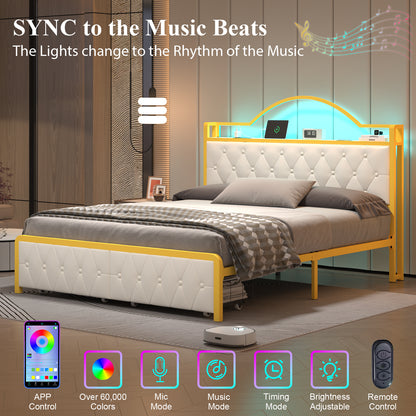 E-motie Bed Frame with 2 Storage Drawers, Upholstered Platform Bed with LED Light & Charging Station, Diamond Tufted Upholstered Headboard