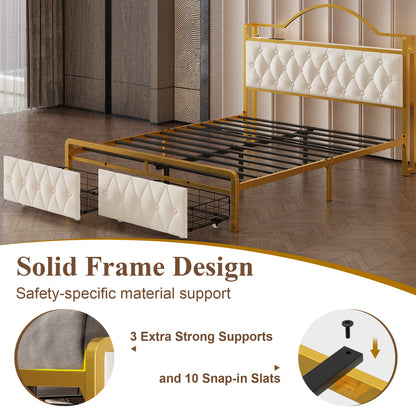 E-motie Bed Frame with 2 Storage Drawers, Upholstered Platform Bed with LED Light & Charging Station, Diamond Tufted Upholstered Headboard