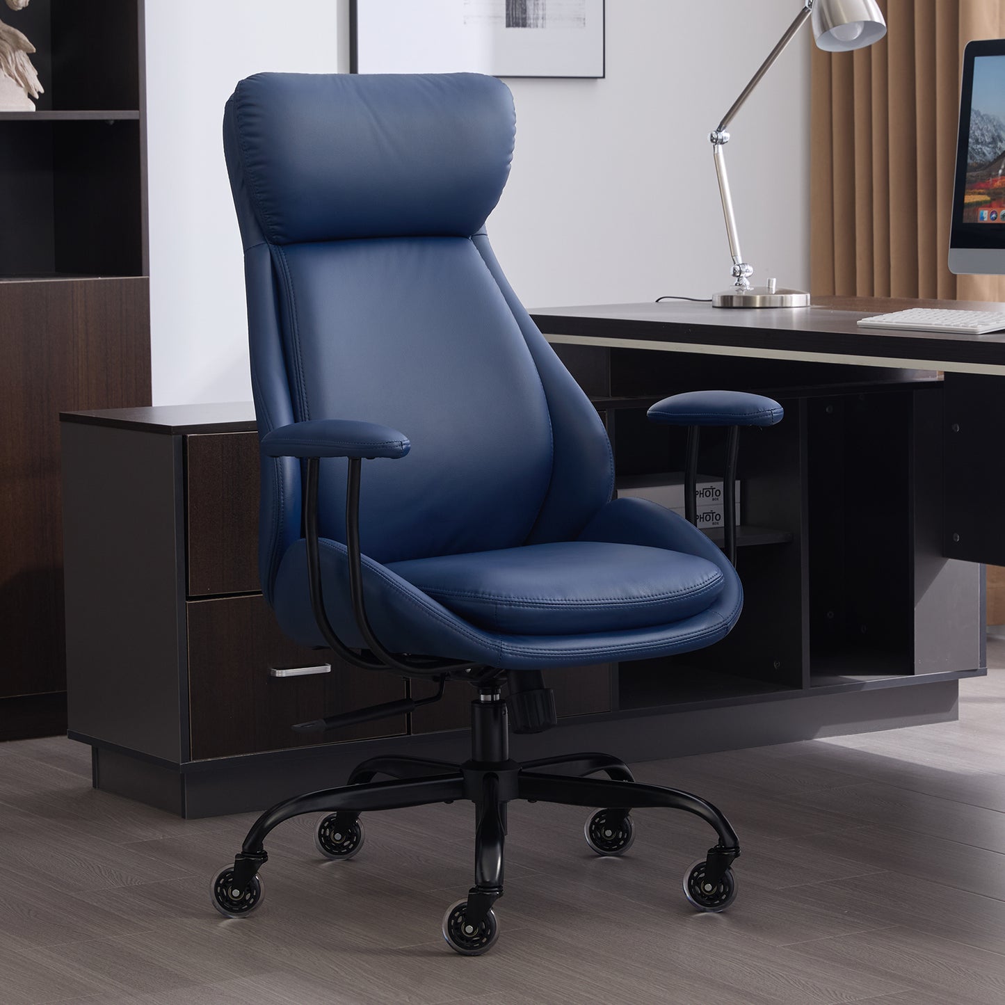 E-Motie Home Office Desk Chair, Ergonomic Computer Chair with Lumbar Support and Head Support, High Back Office Chair with Armrests, Adjustable Height, Rubber Casters, PU Leather