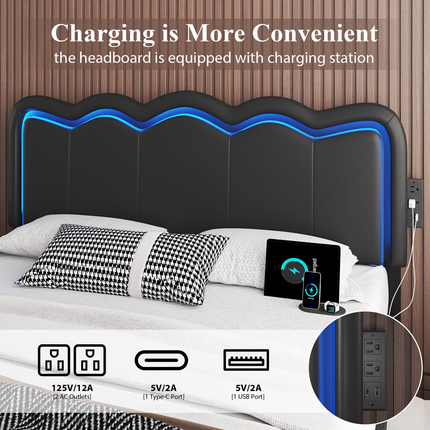 Bed Frame with 4 Storage Drawers and LED Lights, Upholstered Platform Bed with Adjustable Chic Double Wavy Headboard, Charging Station, Metal Slats Support, No Box Spring Needed