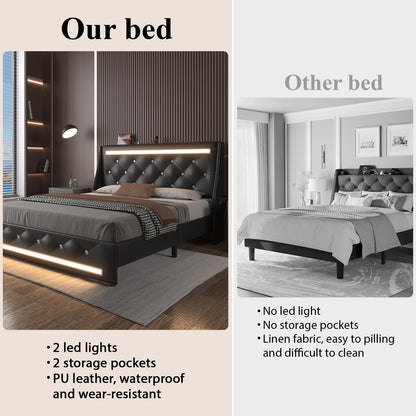 E-motie Upholstered LED Bed Frame, Wingback Crystal Button Tufted, LED&Charging Station