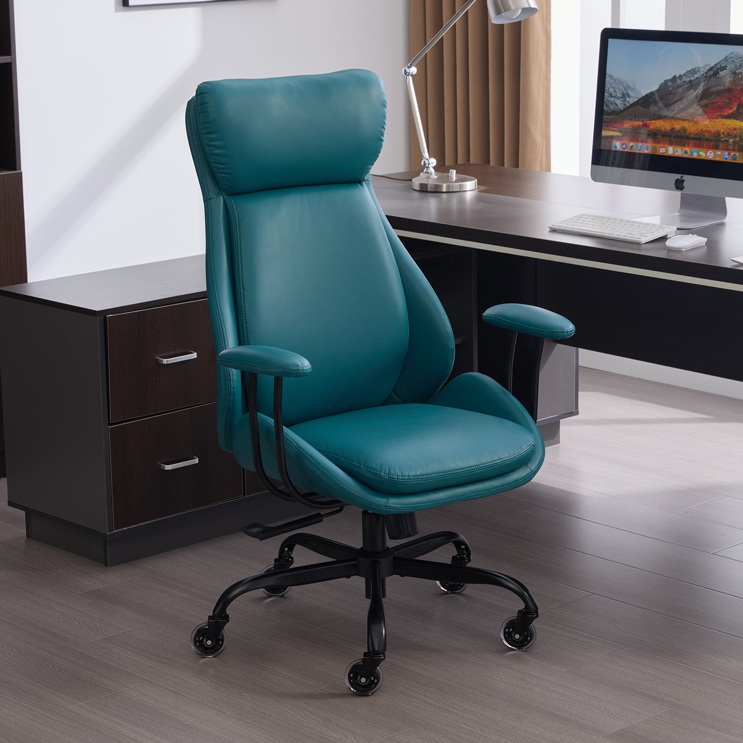 E-Motie Home Office Desk Chair, Ergonomic Computer Chair with Lumbar Support and Head Support, High Back Office Chair with Armrests, Adjustable Height, Rubber Casters, PU Leather