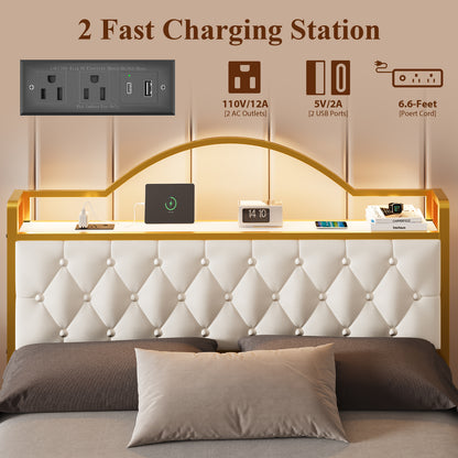 E-motie Bed Frame with 2 Storage Drawers, Upholstered Platform Bed with LED Light & Charging Station, Diamond Tufted Upholstered Headboard