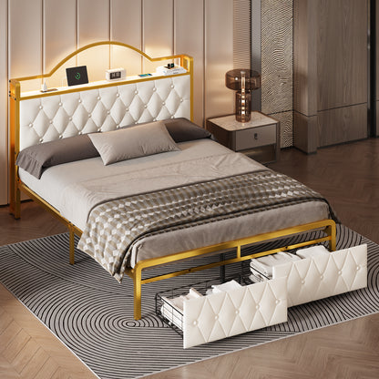 E-motie Bed Frame with 2 Storage Drawers, Upholstered Platform Bed with LED Light & Charging Station, Diamond Tufted Upholstered Headboard
