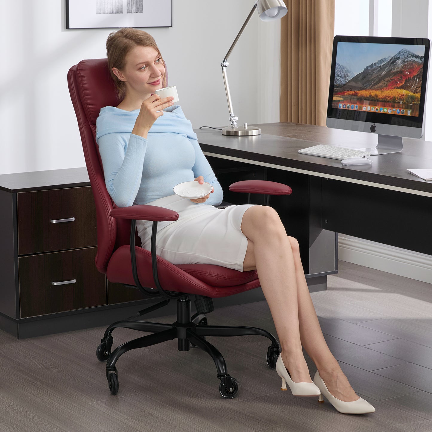 E-Motie Home Office Desk Chair, Ergonomic Computer Chair with Lumbar Support and Head Support, High Back Office Chair with Armrests, Adjustable Height, Rubber Casters, PU Leather