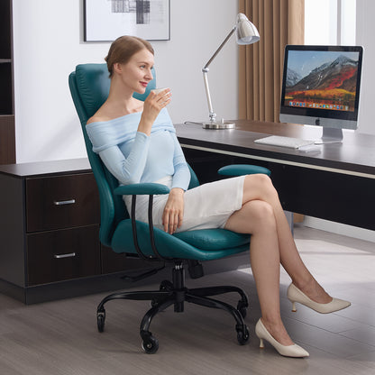 E-Motie Home Office Desk Chair, Ergonomic Computer Chair with Lumbar Support and Head Support, High Back Office Chair with Armrests, Adjustable Height, Rubber Casters, PU Leather