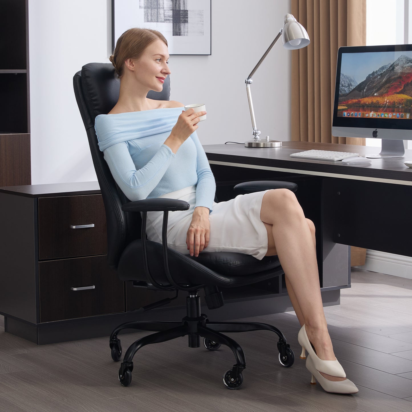 E-Motie Home Office Desk Chair, Ergonomic Computer Chair with Lumbar Support and Head Support, High Back Office Chair with Armrests, Adjustable Height, Rubber Casters, PU Leather