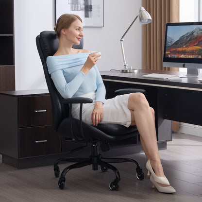 E-Motie Home Office Desk Chair, Ergonomic Computer Chair with Lumbar Support and Head Support, High Back Office Chair with Armrests, Adjustable Height, Rubber Casters, PU Leather