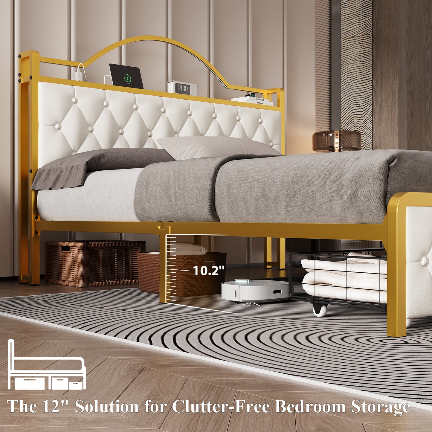 E-motie Bed Frame with 2 Storage Drawers, Upholstered Platform Bed with LED Light & Charging Station, Diamond Tufted Upholstered Headboard