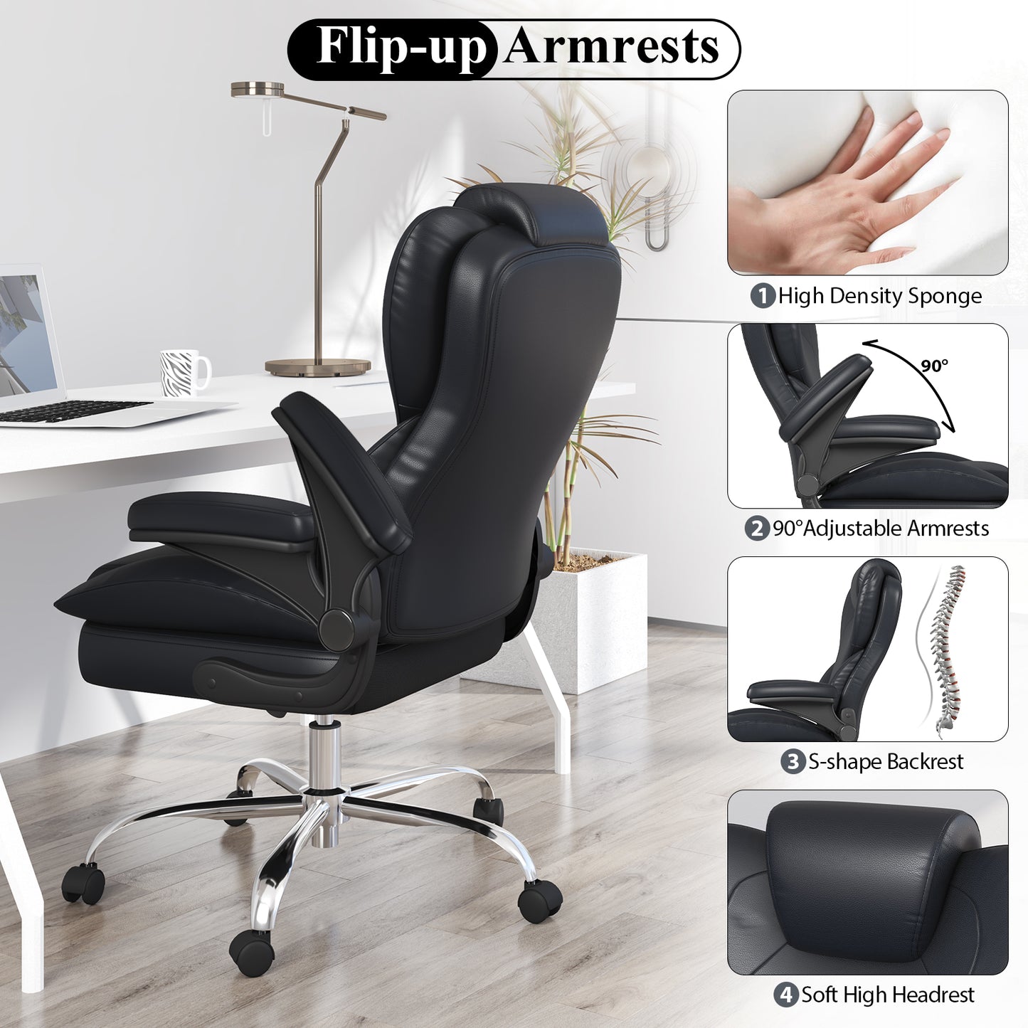 Ergonomic Leather Office Chair with High Grade Nylon Wheel, High Back Computer Chair, Adjustable Seat Height, 360°Rotation, Smooth and Noiseless