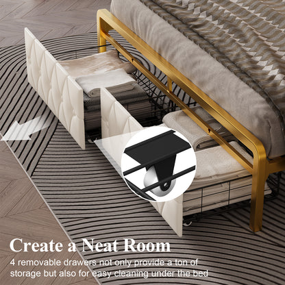 E-motie Bed Frame with 2 Storage Drawers, Upholstered Platform Bed with LED Light & Charging Station, Diamond Tufted Upholstered Headboard