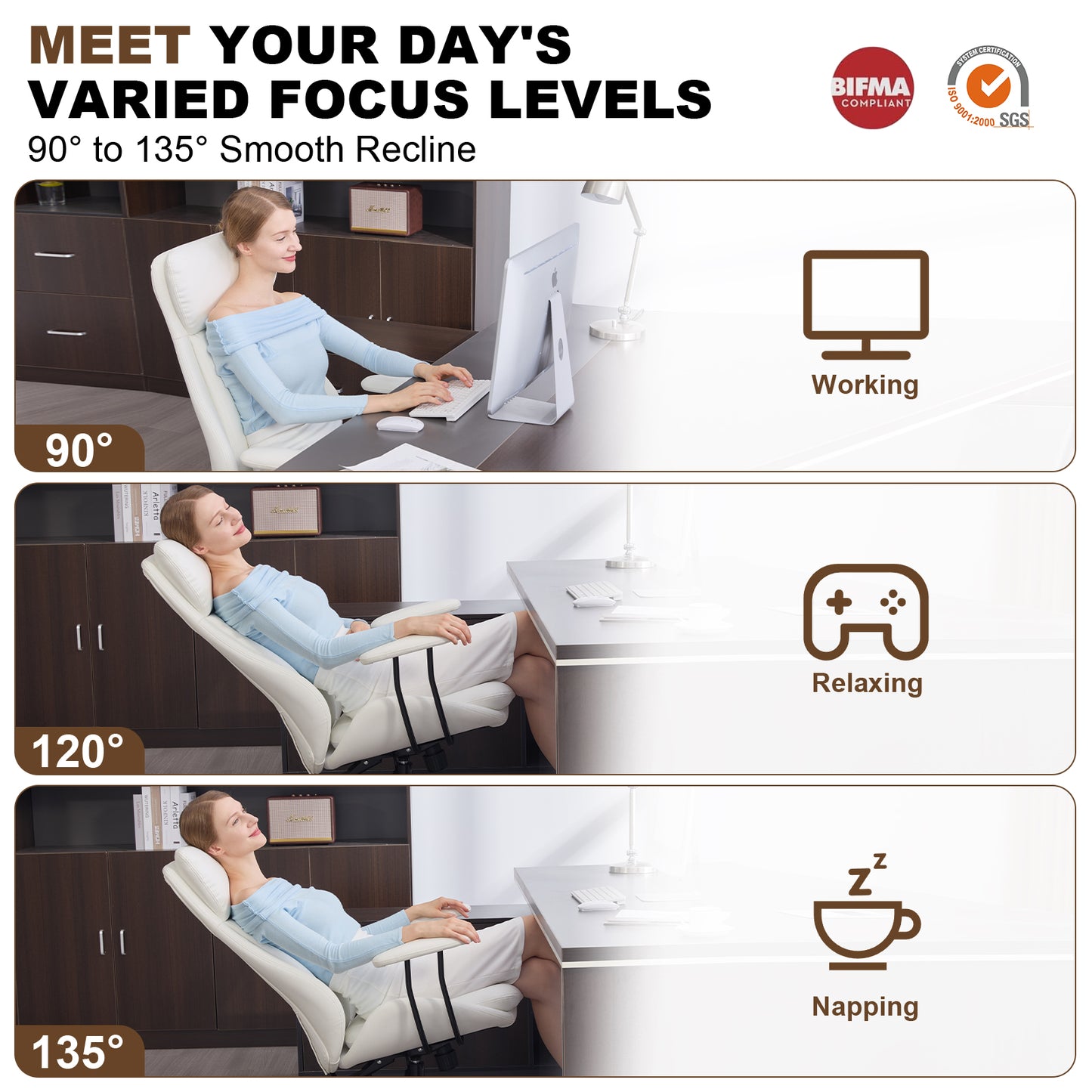 E-Motie Home Office Desk Chair, Ergonomic Computer Chair with Lumbar Support and Head Support, High Back Office Chair with Armrests, Adjustable Height, Rubber Casters, PU Leather