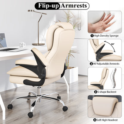 Ergonomic Leather Office Chair with High Grade Nylon Wheel, High Back Computer Chair, Adjustable Seat Height, 360°Rotation, Smooth and Noiseless