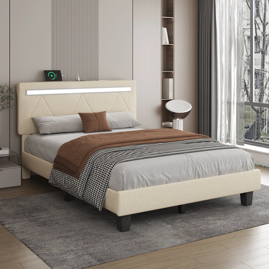 E-motie Bed Frame with with 2 Bluetooth Speakers,LED Headboard, Upholstered Platform Bed , Charging Station,