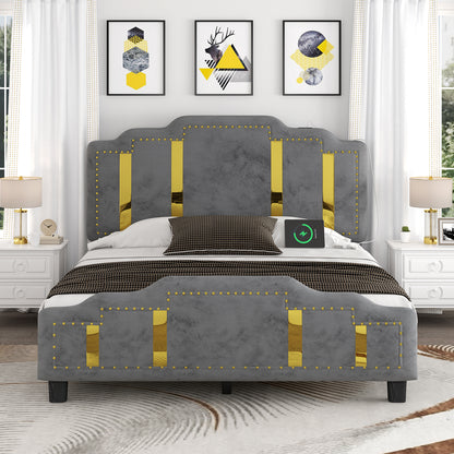 Velvet Upholstered Bed frame, Golden Metal Riveted and Sequined Headboard