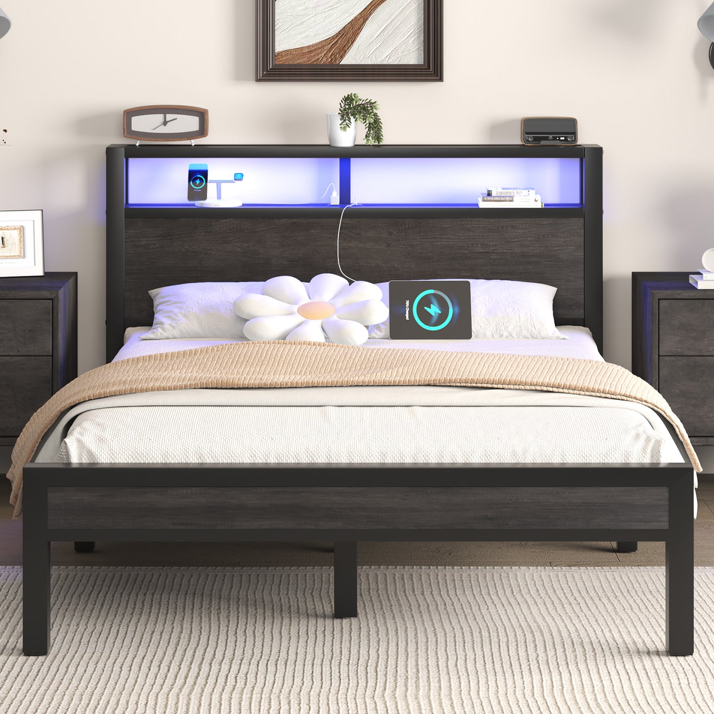 E-motie Bed Frame with LED Headboard, Metal Platform Bed Frame with Charging Station