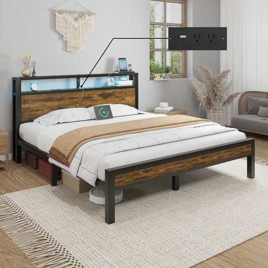 E-motie Bed Frame with Storage Headboard, Metal Platform Bed with LED Lights