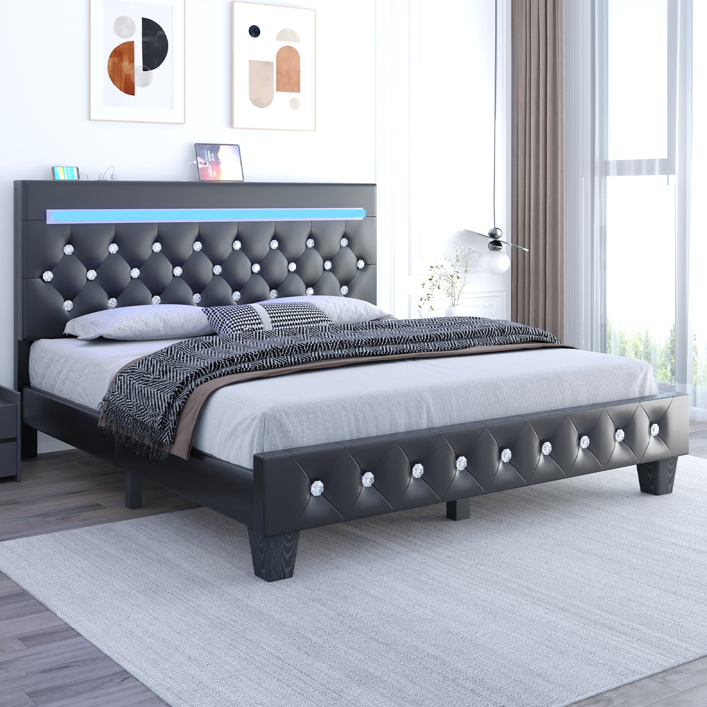 Bed Frame with Adjustable Headboard, Faux Leather Upholstered Platform Bed Frame with LED&Charging Station, Wood Slats Support