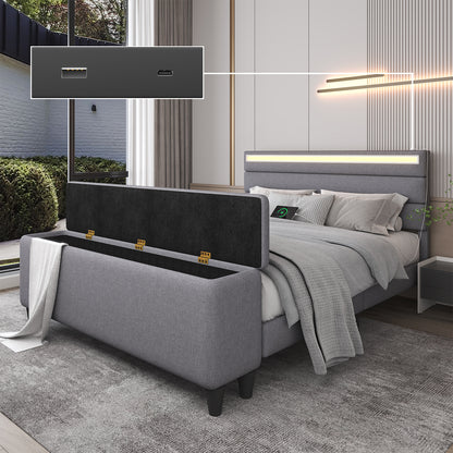 E-motie Upholstered LED Bed Frame with Storage Ottoman and Charging Ports