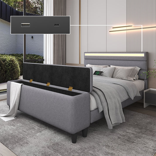 E-motie Upholstered LED Bed Frame with Storage Ottoman and Charging Ports