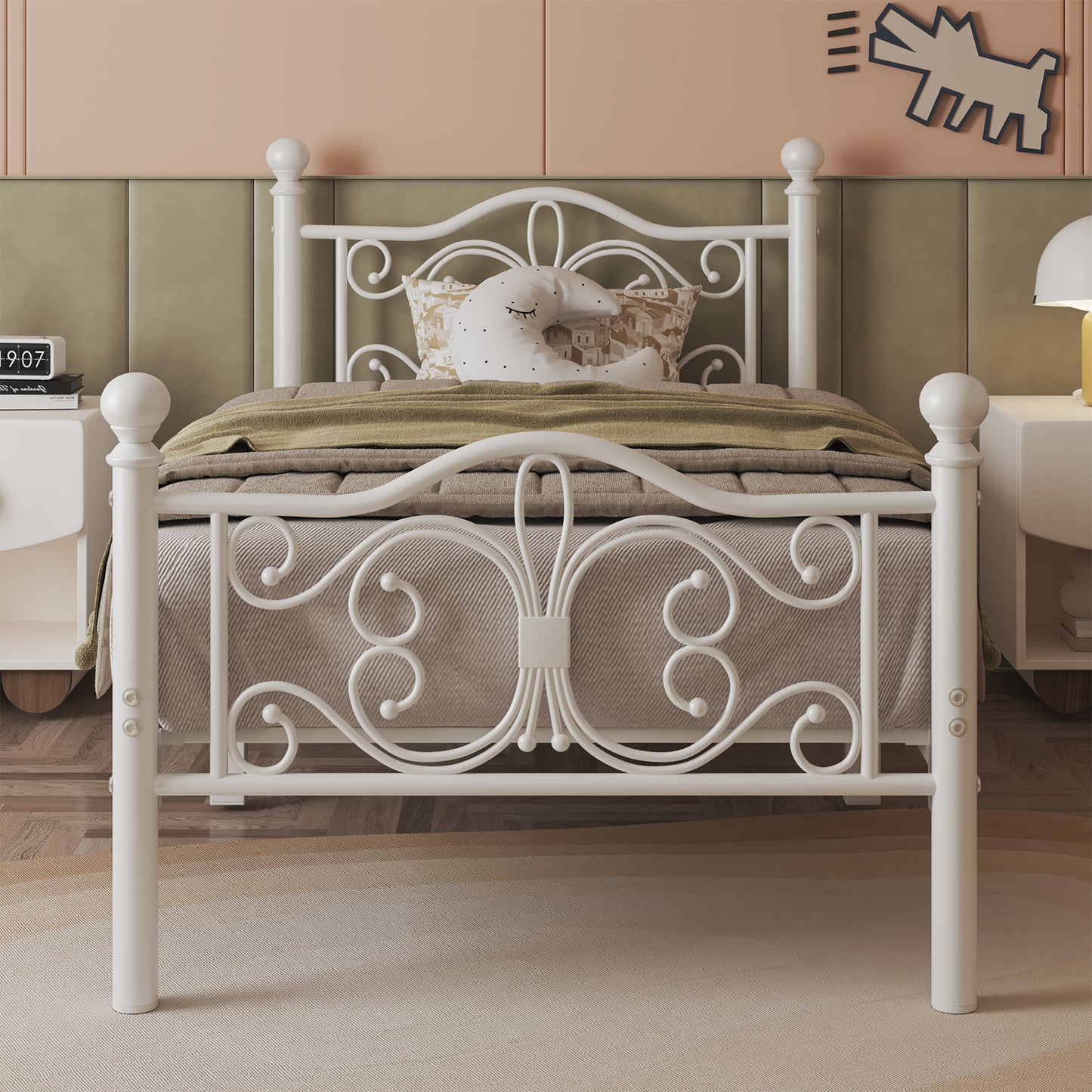 E-motie Metal Platform Bed Frame with Butterfly Pattern Vintage Headboard & Footboard, Underbed Storage