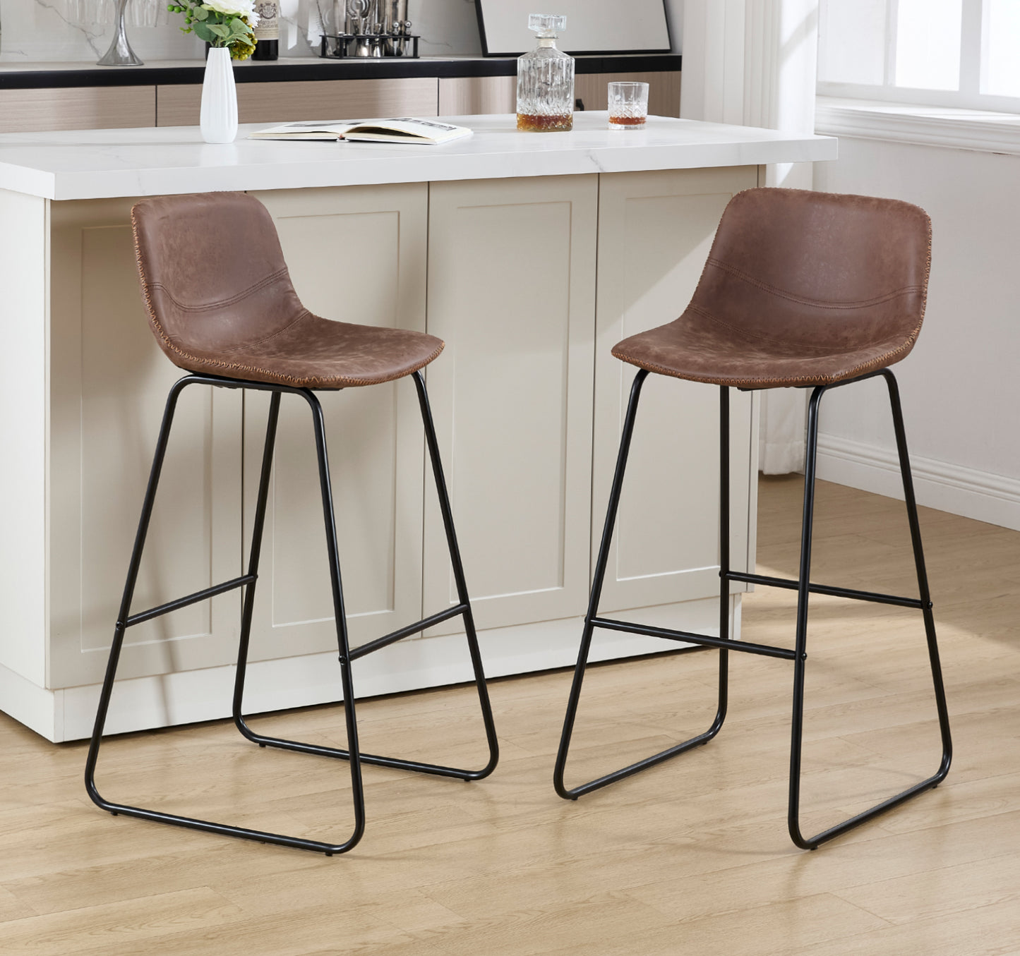 Bar Stools Set, 39.4" Counter Height Faux Leather Bar Stools with Ergonomic Backrest and Metal Footrest, for Dining Room，Kitchen, Counter Bar