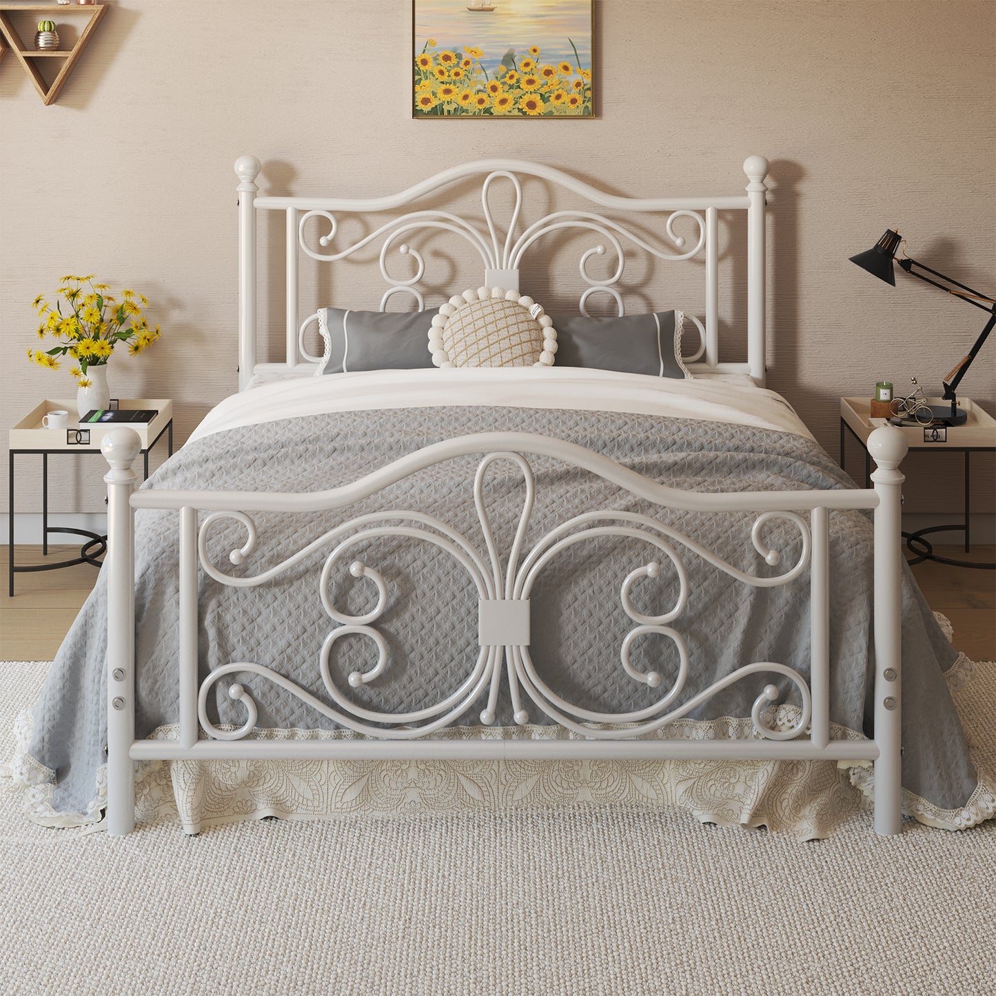 E-motie Metal Platform Bed Frame with Butterfly Pattern Vintage Headboard & Footboard, Underbed Storage