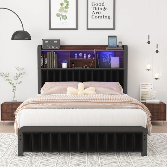 E-motie LED Bed Frame with Storage Headboard & Footboard, USB Ports & Outlets