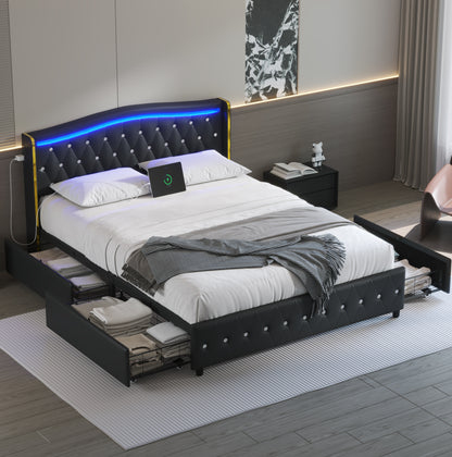 Bed Frame with LED Lights and 4 Storage Drawers, PU Leather Wingback Upholstered Platform Bed, Charging Station, Modern Faux Leather Headboard, No Box Spring Needed