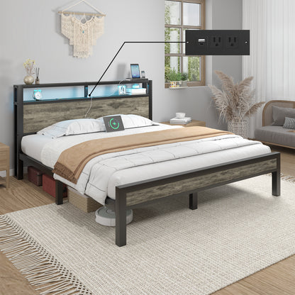 E-motie Bed Frame with Storage Headboard, Metal Platform Bed with LED Lights