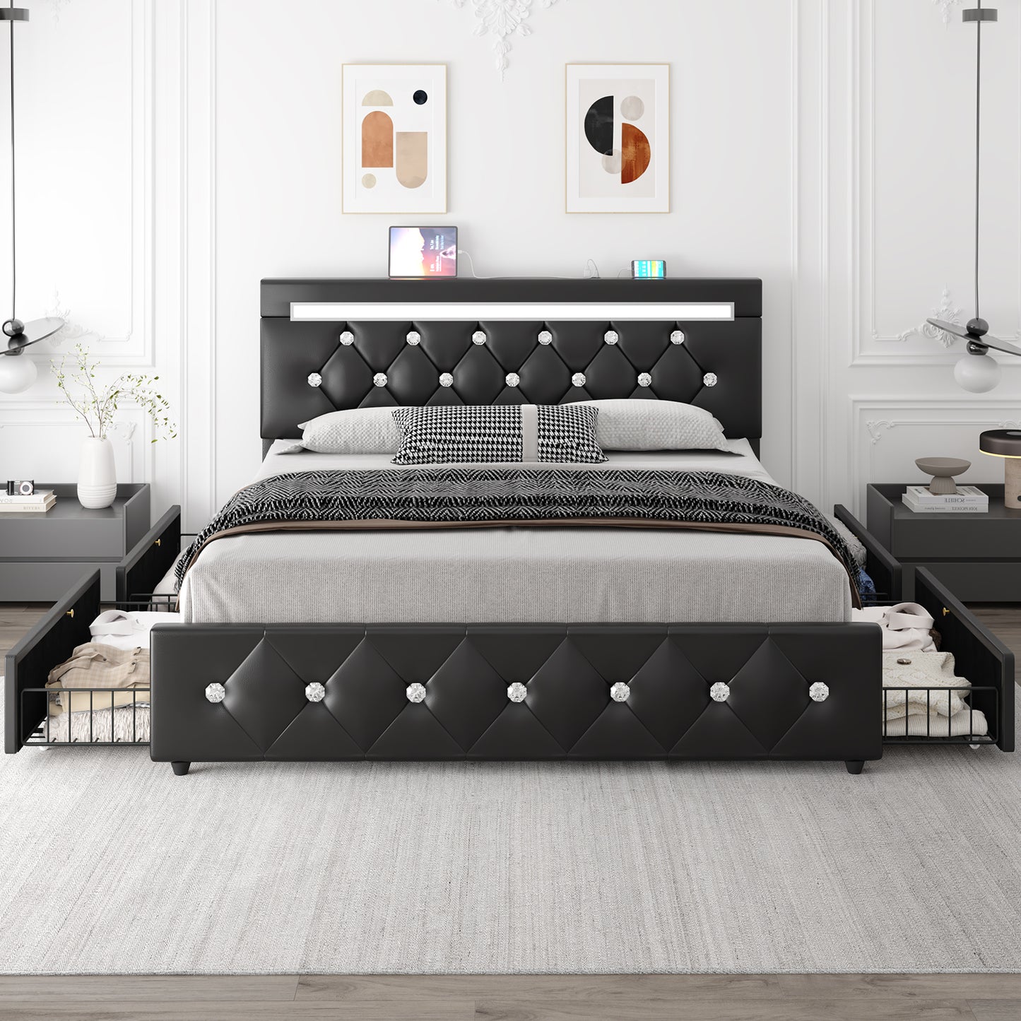 E-motie Bed Frame with Storage Drawers and Led Headboard, Platform Bed Frame Charging Station