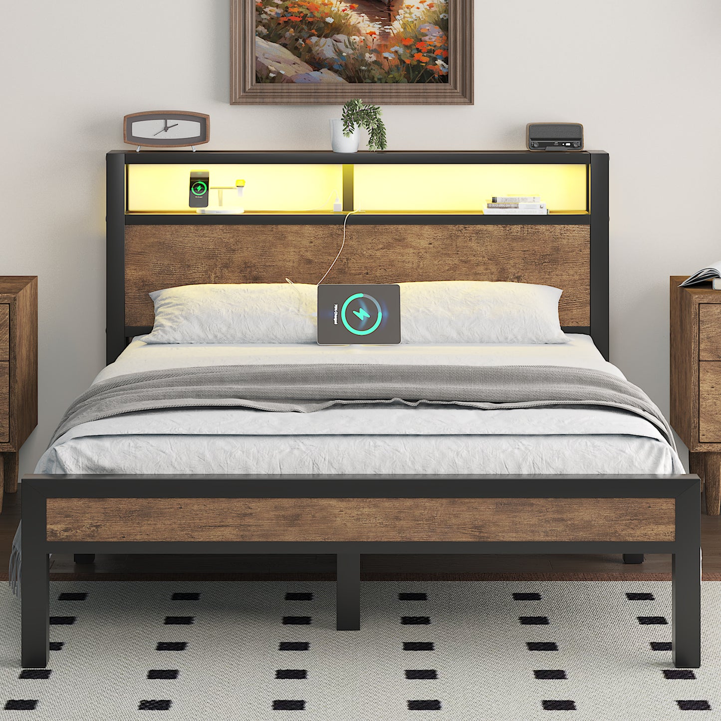 E-motie Bed Frame with LED Headboard, Metal Platform Bed Frame with Charging Station