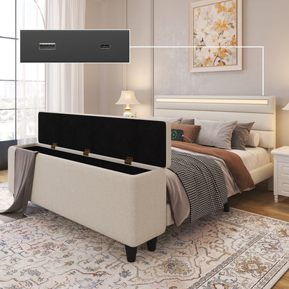 E-motie Upholstered LED Bed Frame with Storage Ottoman and Charging Ports