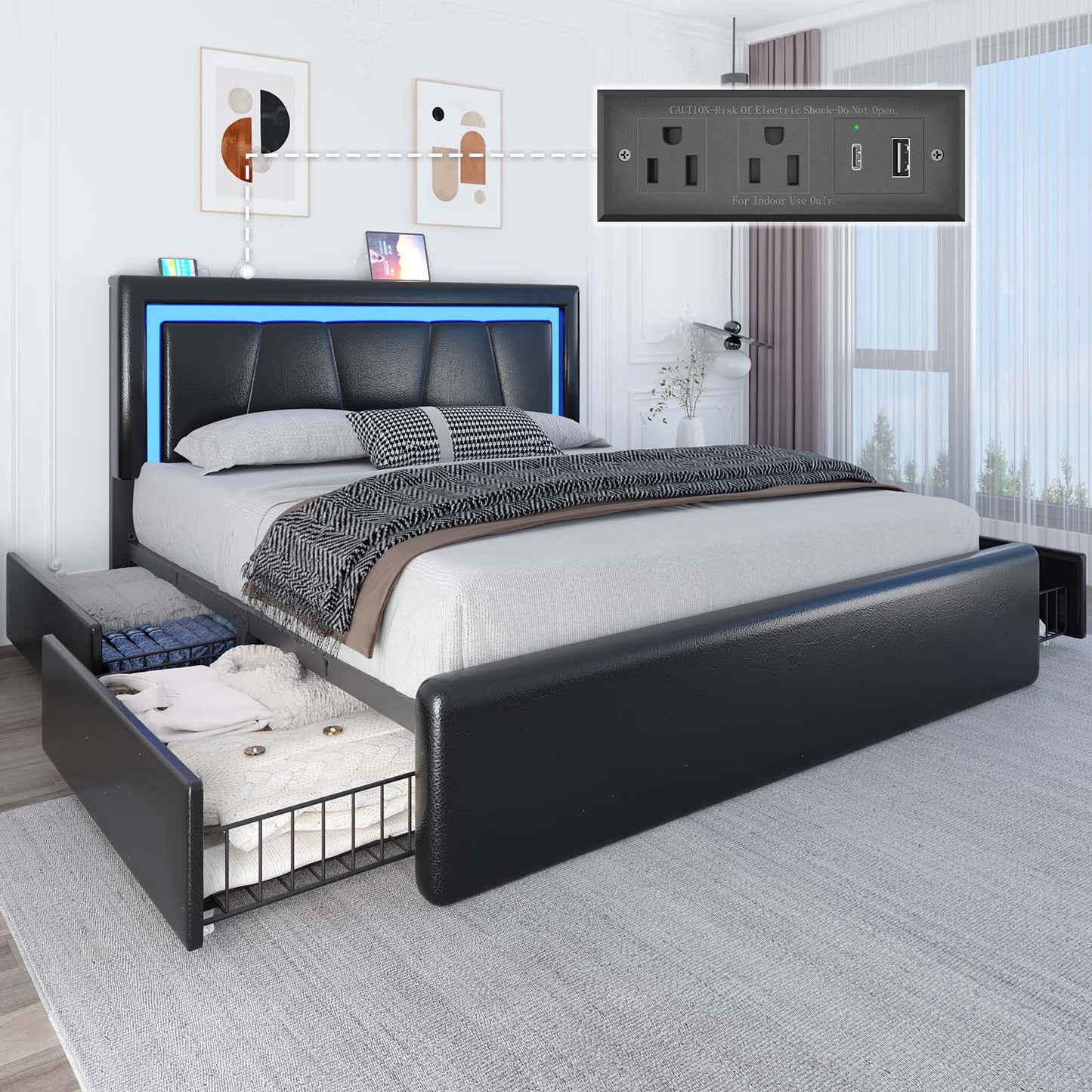 Upholstered Bed Frame with Adjustable Headboard, Upholstered Platform LED Lights Bed Frame with Charging Station