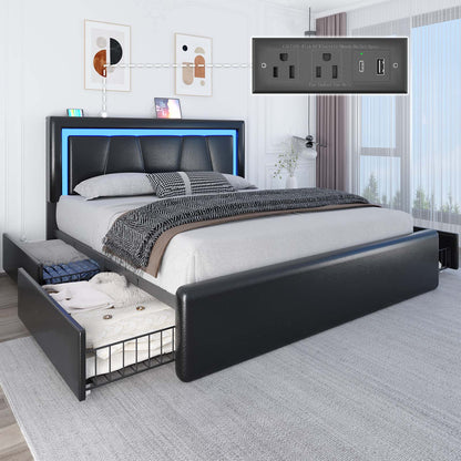 Upholstered Bed Frame with Adjustable Headboard, Upholstered Platform LED Lights Bed Frame with Charging Station
