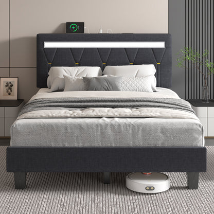E-motie LED Bed with Charging Station, Platform Bed Frame with Upholstered Button Headboard
