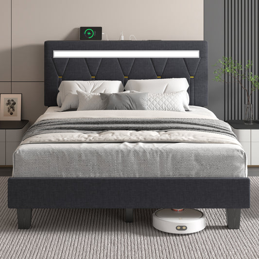 E-motie LED Bed with Charging Station, Platform Bed Frame with Upholstered Button Headboard