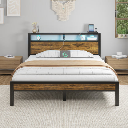 E-motie Bed Frame with Storage Headboard, Metal Platform Bed with LED Lights