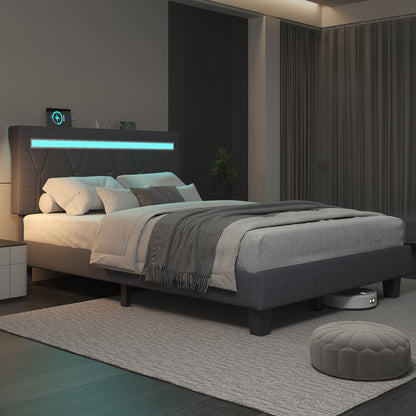 E-motie LED Bed with Charging Station, Platform Bed Frame with Upholstered Button Headboard