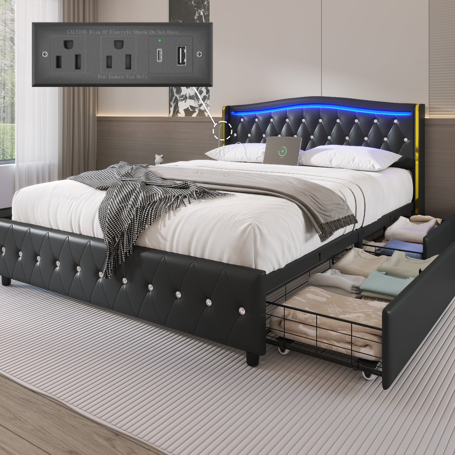 Bed Frame with LED Lights and 4 Storage Drawers, PU Leather Wingback Upholstered Platform Bed, Charging Station, Modern Faux Leather Headboard, No Box Spring Needed