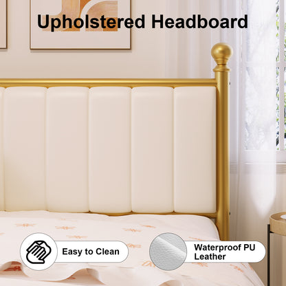 E-Motie Metal Platform Bed Frame with Upholstered Headboard, Easy Assembly, No Box Spring Needed