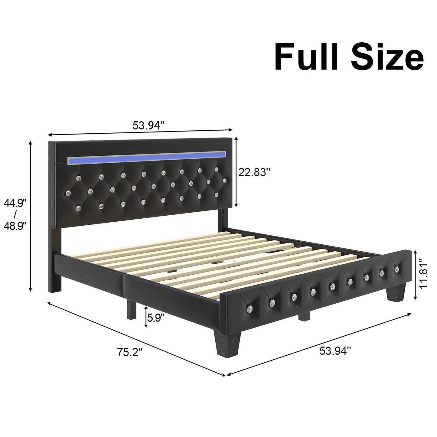 Bed Frame with Adjustable Headboard, Faux Leather Upholstered Platform Bed Frame with LED&Charging Station, Wood Slats Support