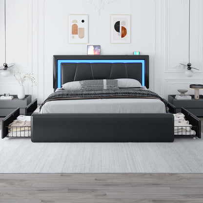 Upholstered Bed Frame with Adjustable Headboard, Upholstered Platform LED Lights Bed Frame with Charging Station