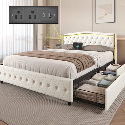 Bed Frame with LED Lights and 4 Storage Drawers, PU Leather Wingback Upholstered Platform Bed, Charging Station, Modern Faux Leather Headboard, No Box Spring Needed