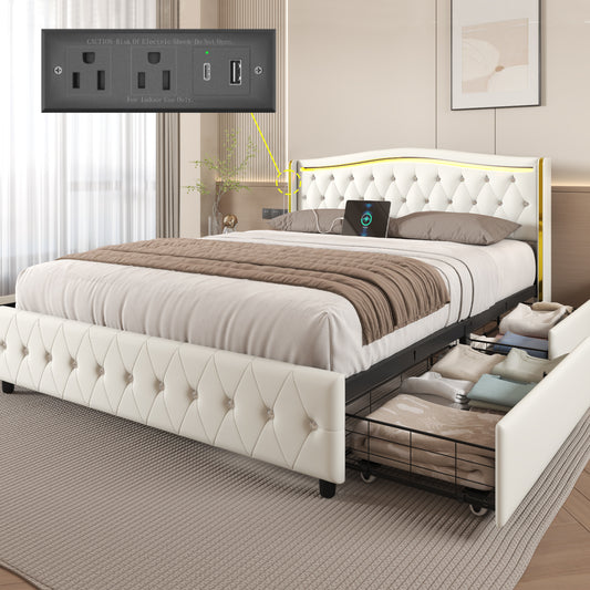 Bed Frame with LED Lights and 4 Storage Drawers, PU Leather Wingback Upholstered Platform Bed, Charging Station, Modern Faux Leather Headboard, No Box Spring Needed