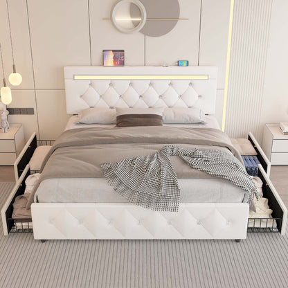 E-motie Bed Frame with Storage Drawers and Led Headboard, Platform Bed Frame Charging Station