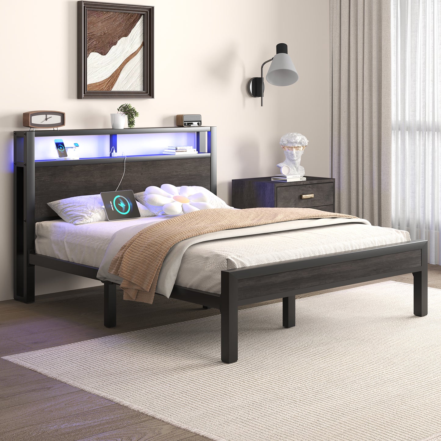 E-motie Bed Frame with LED Headboard, Metal Platform Bed Frame with Charging Station