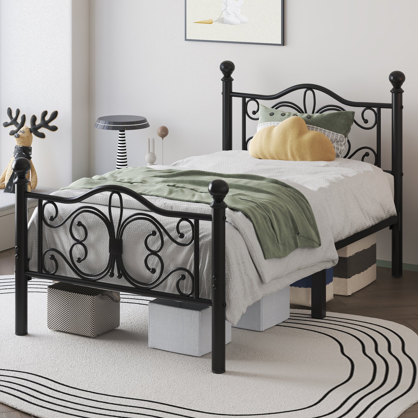 E-motie Metal Platform Bed Frame with Butterfly Pattern Vintage Headboard & Footboard, Underbed Storage